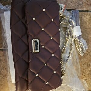 Badgley Mischka Quilted Crossbody Bag in Deep Brown with Gold Chain